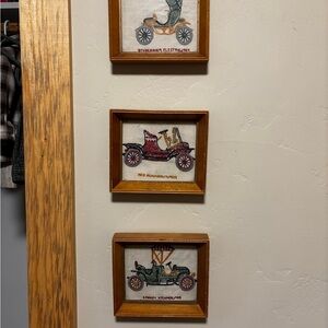 Vintage Embroidered Car Trio in Wooden Frames
